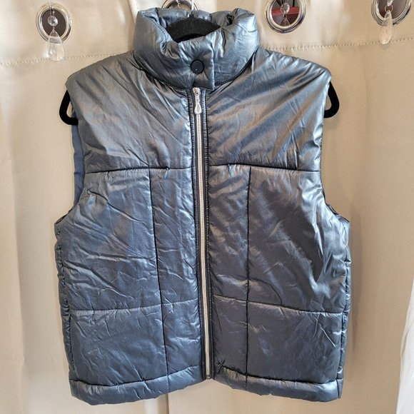 FUda NY Womens Puffer Vest Large Metallic Blue Full Zip Pockets Y2K Jacket 16035 - Picture 1 of 14